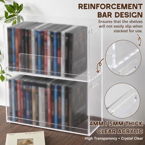 CroBlissful 2 Pcs Acrylic Dvd Storage Box, Clear Stackable Movie Case Holder with Handles, Media Organizer for Cds and Dvds
