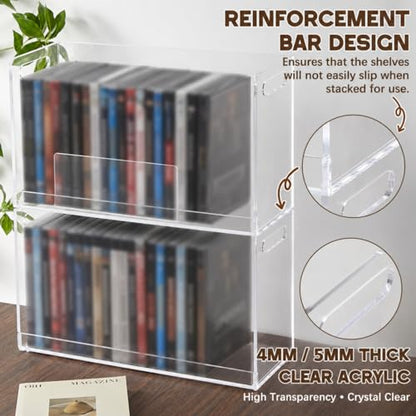 CroBlissful 2 Pcs Acrylic Dvd Storage Box, Clear Stackable Movie Case Holder with Handles, Media Organizer for Cds and Dvds