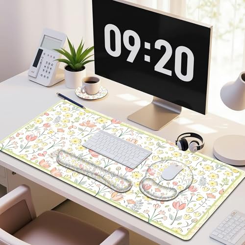 Desk Mat, 4in1 Large Mouse Pad with Wrist Rest, Cute Desk Mat, Anti-Slip XXL Computer Ergonomic Mousepad with Wrist Support for Keyboard and Mouse, Nice Yellow Flowers - color: Nice Yellow Flowers
