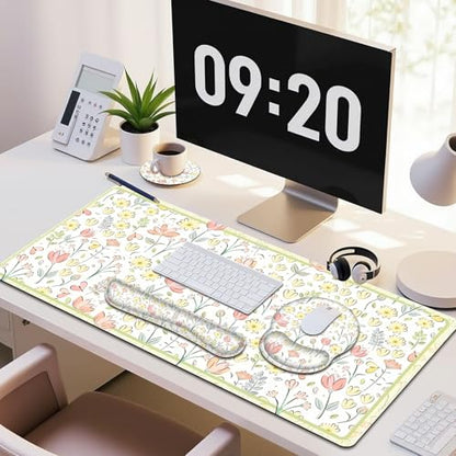 Desk Mat, 4in1 Large Mouse Pad with Wrist Rest, Cute Desk Mat, Anti-Slip XXL Computer Ergonomic Mousepad with Wrist Support for Keyboard and Mouse, Nice Yellow Flowers - color: Nice Yellow Flowers