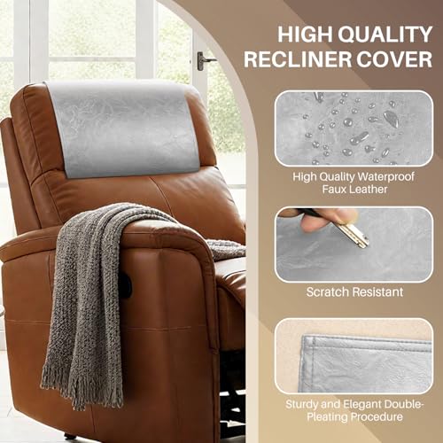 Recliner Headrest Protector,Non Slip Waterproof Headrest Cover,Leather Recliner Headrest Cover for Sofa,Furniture,Living Room,Office Chair (Light Gray) - color: Light Gray, size: Hook & Loop