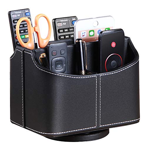Remote Control Holder 360 Degrees Rotatable Desk Stationery Supply Organizer PU Leather Desktop Storage Box for Controllers Media Bedside Spinning TV Caddy iPad Mobile Pencil Cosmetic - color: A Black