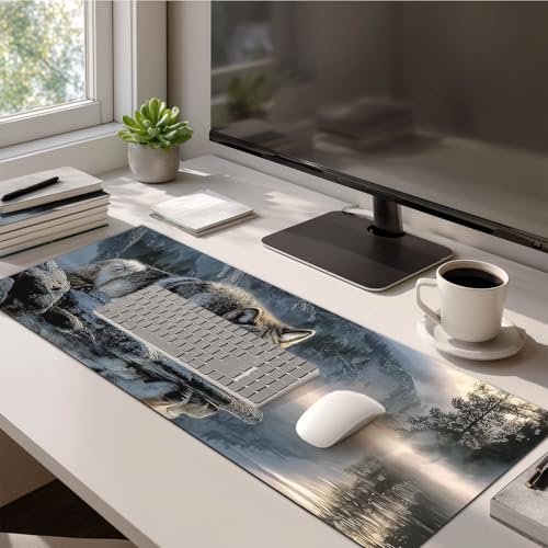 HOMETITUTE XL Mouse Pad Wolf Lake Nature Art Gaming Mousepad 31.5x11.8 Inch Non-Slip Keyboard Desktop Protector Mat Diatomite Large Mouse Pad for Home and Office Desk Accessories - color: Wolf Lake Nature Art