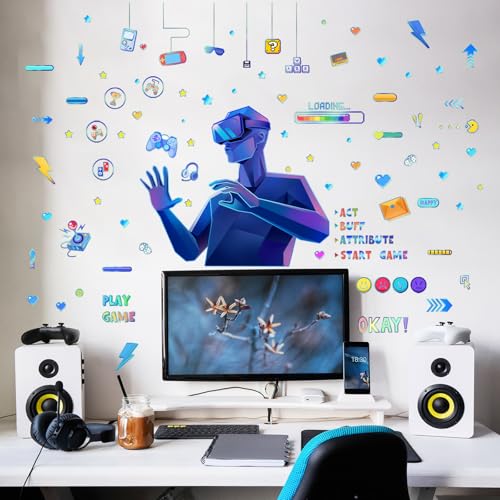 Game Wall Stickers Futuristic Gaming Room Wall Decals Peel and Stick Mural Decor for Teen Bedroom Game Space (Blue Game)