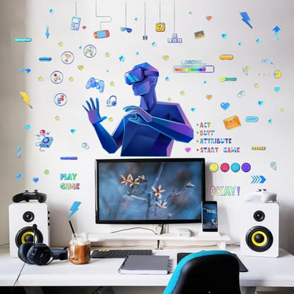 Game Wall Stickers Futuristic Gaming Room Wall Decals Peel and Stick Mural Decor for Teen Bedroom Game Space (Blue Game)