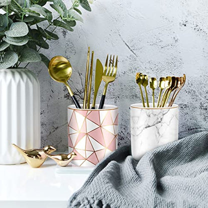 Pen Holder for Desk Cute, Modern Marble Desk Organizer, Durable Ceramic Pencil Cup, Makeup Brush Holder Cup, Multifunctional Office Stationery Holder for Women, Men, White Marble - color: White Marble 03
