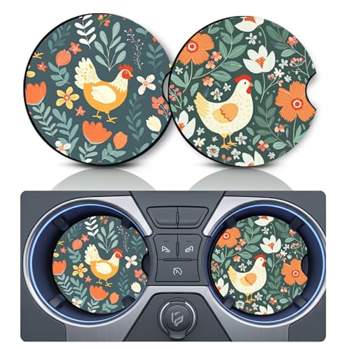 2PCS Chicken Floral Car Cup Holder Coasters, Cars Coasters for Cup Holders, 2.75" Universal Anti Slip Rubber Mat with Finger Slot, Farmhouse Car Accessories Interior Decor, Chicken Gifts - color: Chicken