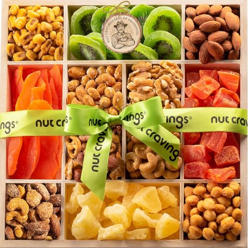 NUT CRAVINGS - Dried Fruit & Mixed Nuts Gift Basket in Reusable Wooden Tray + Ribbon (12 Assortments) Food Arrangement, Healthy Snack Care Package, Kosher - style: 6. Green Ribbon Dried Fruits & Nuts Wooden Tray