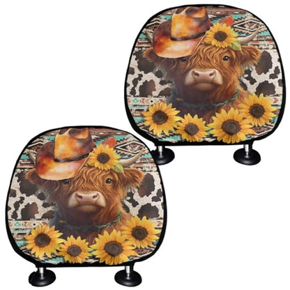 Highland Cattle 2 Pieces Car Head Rest Covers Sunflower Print Soft Stretchy Car Seat Head Rest Cover Protector Auto Interior Accessories Universal Headrest Anti-Dirty Covers - color: Highland Cattle