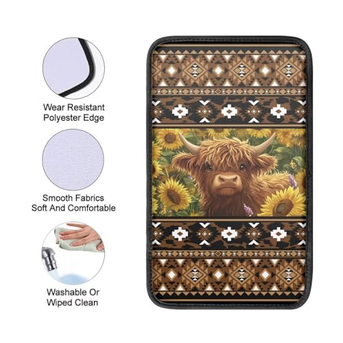 Wanyint Auto Center Console Pad, Easy to Install Armrest Cover, Car Accessories Fit Most Vehicles, SUV, Truck, Vans Sedans, Aztec Brown Highland Cow Sunflower - color: Aztec Brown Highland Cow Sunflower