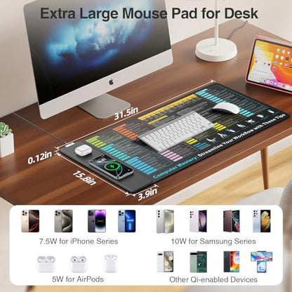 Wireless Charging Mouse Pad with Excel Formulas Shortcuts, 31.5"x15.8" Extra Large Office Spreadsheet Cheat Sheet Desk Mat, Waterproof Ultra-Smooth Surface, Non-Slip Base - color: Black-Excel Shortcuts-31.5"x15.8"
