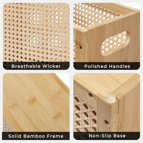 TIOPGHAD 3-Gallon Small Rattan Wicker Waste Basket Trash Can, Natural | Bamboo Frame with Handles, 11.8x6.7x11.8 inches, Waterproof Coating, Ideal for Bathroom, Office and Bedroom - color: Natural