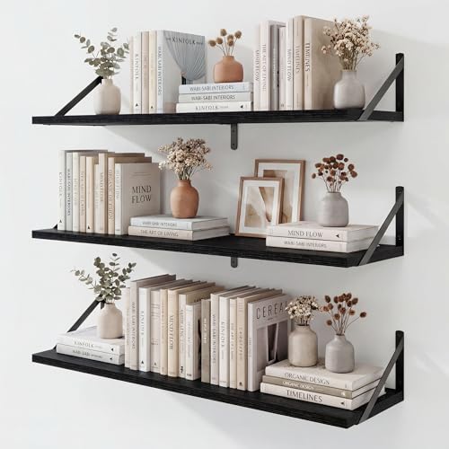 Fun Memories Floating Shelves for Wall, 36 Inches Long Set of 3 Wall Shelves for Bedroom, Floating Bookshelves with Metal Brackets for Living Room, Kitchen, Bedroom and Laundry Room (Black) - color: Black, size: 36"W x 8"D