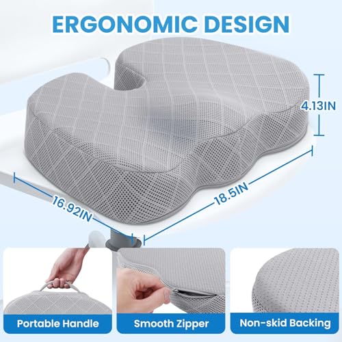 TushGuard Office/Car Seat Cushion, Non-Slip Sciatica & Back Coccyx Tailbone Pain Relief Chair Pad, Memory Foam Butt Pillow for Computer Desk, Wheelchair, Driving (Light Grey, XX-Large) - color: Light Grey, size: XX-Large