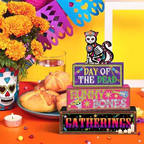 Britimes 4 Pcs Day of the Dead Table Decor Halloween Cat Tiered Tray Decorations Set Funny Bones Stack Block Signs Gift Rustic Farmhouse Tabletop Decor for Table & Home Office - style: Day of The Dead