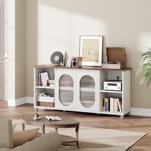 IDEALHOUSE TV Stand for 65" TVs with Fluted Glass Media Console, White | Media Storage Cabinet, Entertainment Center, Fluted Glass Doors, Open Display Shelves, Bedroom & Living Room - color: White