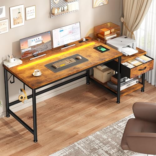 48.1''Gaming Computer Desk with A Reversible Printer Shelf, Built-in Power Outlets & LED Lights, Desk with Drawer and Headphone Hook for Gaming,Craft Working and Studying in Bedroom, Dorm,Rustic Brown - color: Brown, size: 48inch