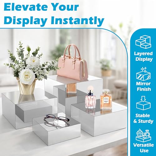 4Pcs Acrylic Risers Display Stands, Food Risers for Buffet Table, Acrylic Cube Mirror Risers for Catering Dessert, Jewelry Collectibles Party, Silver - color: Silver