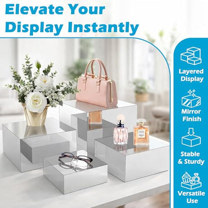 4Pcs Acrylic Risers Display Stands, Food Risers for Buffet Table, Acrylic Cube Mirror Risers for Catering Dessert, Jewelry Collectibles Party, Silver - color: Silver