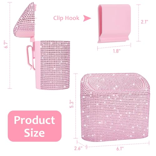 Accmor Bling Car Trash Can with Lid, Leak-Proof Mini Vehicle Trash Bin Automotive Dustbin Organizer Storage, Sparkling Crystal Trash Bag Container with 30pcs Garbage Bags for Car, Home, Office (Pink) - color: Light Pink/Light Pink Rhinestone