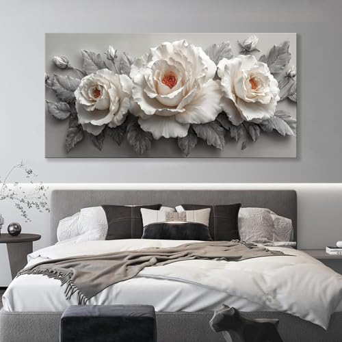 YISXINOAG Large Canvas Wall Art White Rose Flower Wall Decor Flower Wall Art for Living Room Ready to Hang Modern Floral Painting Pictures for Bedroom Canvas Wall Decorations Size 29"X58" - color: grey white, size: 58"L x 29"W