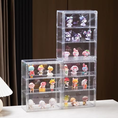 3 Tiers Clear Acrylic Display Case, Plastic Storage Bins with 2 Adjustable Divider and Magnetic Door,Stackable Display Box for Figures Showcase (3pack) - size: Large-3 Tier-3 Pack