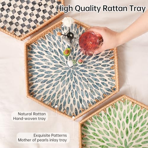 Hexagon Rattan Tray with Mother of Pearl Inlay, Rattan Serving Tray for Coffee, Bread, Fruits, Snacks, Decorative Wicker Tray for Table Decor, Home Decor (Light Blue Leaves, 14.5"×12.8") - color: Light Blue Leaves