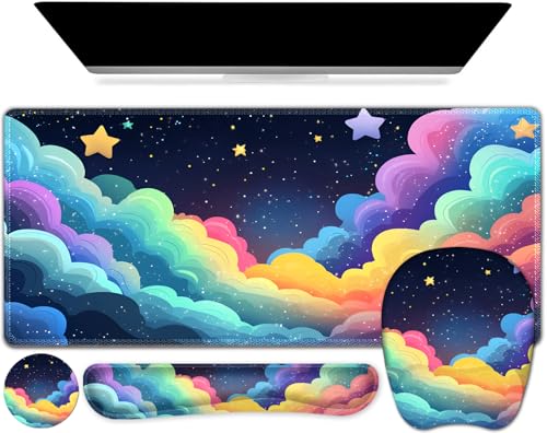 Mouse Pad with Wrist Support 4 in1 Set, XXL Big Game Mousepad + Keyboard Wrist Rest + Mouse Wrist Rest Pad +Coaster Gaming Mat for Home Office Work Computer Laptop I Colorful Clouds Starry Night - color: Colorful Clouds Starry Night