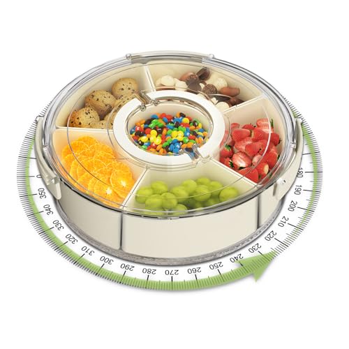 Divided Serving Tray with Lid and Handle, Portable Snackle Box for Veggie, Fruit Snacks Organizer, Clear Snack Spinner Container for Outdoor, Kitchen, Party, Travel