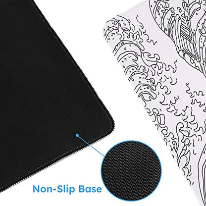 iCasso White Mouse Pad, Extended Gaming Mouse Pad (35.4x15.7 in), Large Stable Rubber Base Mousepad with Stitched Edges, Keyboard Mouse Mat Desk Pad for Work, Game, Office, Home - color: White Wave of Kanagawa