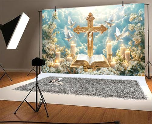 First Holy Communion Baptism Backdrop God Bless Banner 7X5FT White Floral Flowers Pigeons and Blue Sky Shower Party Decor Background for Newborn Baby Shower Party Supplies - color: White-1, size: 7X5FT