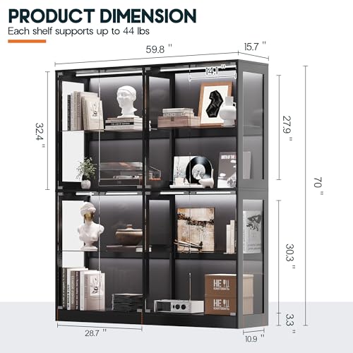 AMERLIFE RGB Display Cabinet with Adjustable Glass Shelves, 4-Tier Storage Case with LED Lights & Press-to-Open Doors, Modern Display Shelf for Collectibles, Black 70" H×60" L×16" D - color: Black, size: 60×16×70in