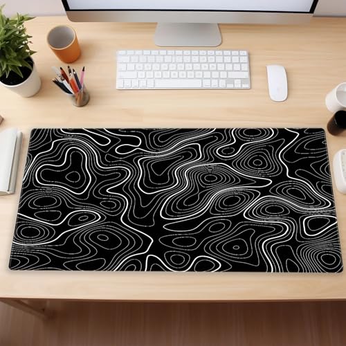 Extended Gaming Mouse Pad XL, Black Topographic Map Desk Mat, Non-Slip | High-performance XL gaming mousepad featuring an abstract contour line print and heavy-duty stitched edges. - color: Black Topographic