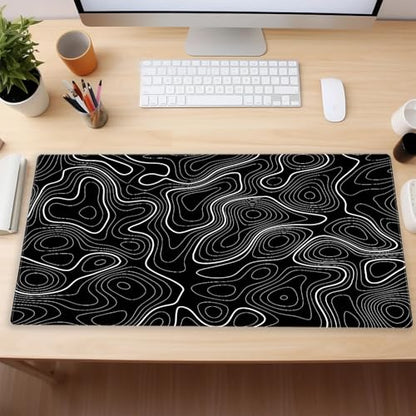 Extended Gaming Mouse Pad XL, Black Topographic Map Desk Mat, Non-Slip | High-performance XL gaming mousepad featuring an abstract contour line print and heavy-duty stitched edges. - color: Black Topographic