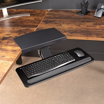VIVO Black Under Desk Corner 25 x 10 inch Keyboard Tray, MOUNT-KB03B | Computer Keyboard and Mouse Platform with Corner Connector, Under Table Desk Mount for L-Shaped Workstations, Full Swivel