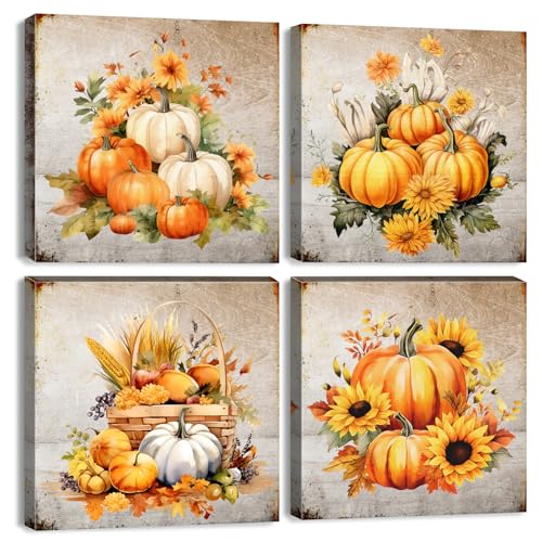 Rustic Fall Pumpkin Wall Art Kitchen Wall Decor Vintage Autumn Themed Sunflower Pictures Floral Corn Folk Artwork Canvas Halloween Harvest Painting for Living Room Bedroom Home Decoration 12x12" 4 Pcs - color: Pumpkin-1, size: 12x12in