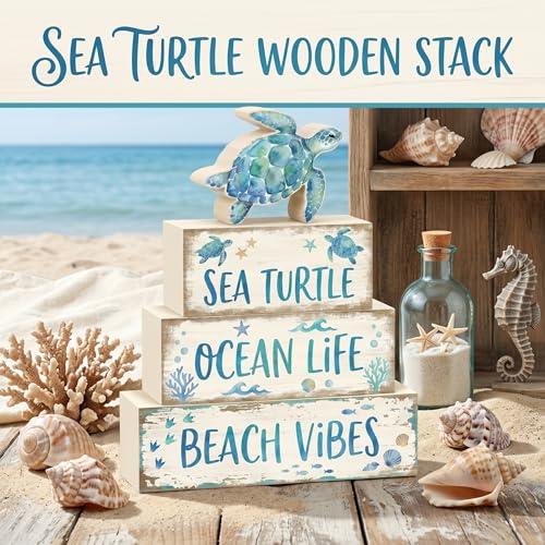 4 Pcs Summer Sea Turtle Bathroom Decor Summer Ocean Table Decorations Beach Tiered Tray Decor Coastal Wooden Signs Shelf Sitter Save The Sea Home Kitchen Office Decorations - style: Turtle