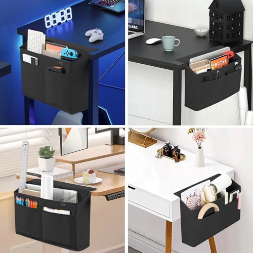 Desk Side Hanging Organizer, Adhesive Storage Bag with Pockets for Magazine Ipad Notebook, for End Tables Home Office Desks Computer Workstations Dressing Table, Black - color: Black-1Pack