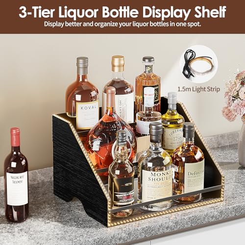 Nuovoware LED Lighted Liquor Bottle Display Shelf, 3 Step Wood Countertop Liquor Rack with Fences & Portable Handles, 12-Bottle Whiskey Display Retro Wine Rack for Home Bar Party, Carbon Black - color: Carbon Black, size: 3 Tier