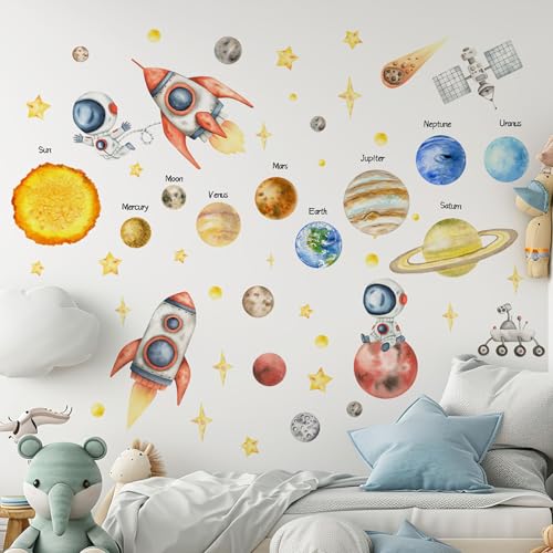 Watercolor Outer Space Wall Stickers, Astronaut Planets Rockets Peel and Stick Wall Decals, Bedroom Art Wall Decor,Living Spaces Decals - color: Space 1