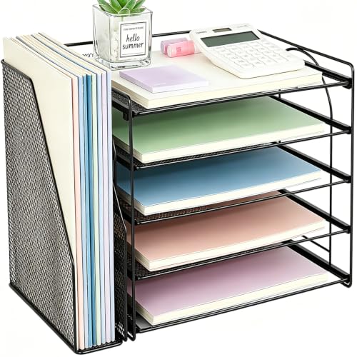 OPNICE Desk Organizers and Accessories, 5-Tier Paper Organizer Letter Tray with Magazine Holder, Office Desk Accessories & Workspace Organizers, Desktop File Organizer for Office Supplies, Black - color: Black, size: 15.5" x 9" x 10.3"