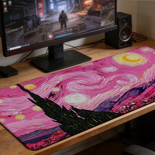 Pink Starry Night Gaming Mouse Pad with Stitched Edges Non-Slip Rubber Base Mouse Pad for Office,Computer,Keyboard,Laptop and Home Desk,35.4 x 15.7 Inch - color: Pink Starry Night, size: 15.7*35.4inch