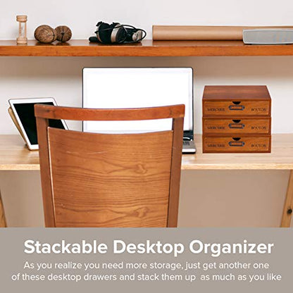 Wooden Single Drawer Unit - Solid Wood Monitor Stand for Desktop Organization and Storage - Stackable Desk Organizer - Rustic Nightstand With Label Holder - Countertop Organizer