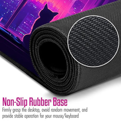 VNDL Large Kawaii Cat Gaming Mouse Pad – Cute Japanese Lofi Anime Desk Mat, Purple XXL Extended Mousepad for Office & Laptop, Waterproof, Non-Slip, Stitched Edges, 31.5 x 15.7 in - color: Purple, Black