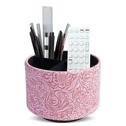 lizimandu Round Leather Art Supply Organizer,Remote Control Holder,360 Degree Spinning,Multi-Functional Pencil Holder,4 Compartments Desktop Stationary Organizer(1-Carved Pink) - color: 1-Carved Pink