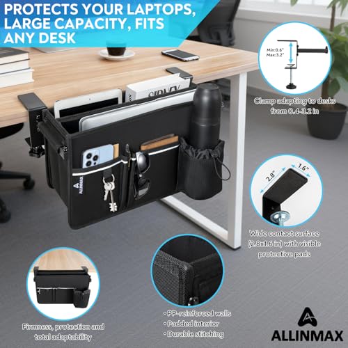 Side Desk Laptop Holder for Up to 3 Laptops, Side Desk Organizer with Adjustable Divider & Bottle Pocket, Soft-Lined Interior, Clamp Mount Side Desk Storage, Fits 0.6″-3.2″ Flat Edge
