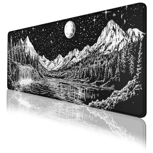 Moon Night Gaming Mouse Pad Dark Mountain Landscape Large Gaming Mouse Mat with Stitched Edges,Non-Slip Waterproof Rubber Base Office Computer Keyboard Laptop 31.5"x11.8" - color: Moon Night, size: 31.5L x 11.8W inches