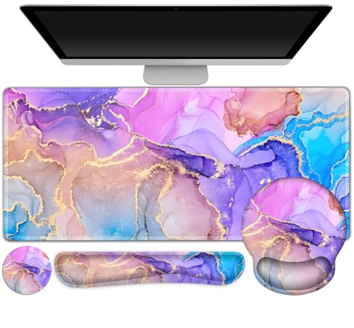 Gaming Mouse Pad, Large Desk Mat, Cute Desk Pad Protector, 4in1 XXL Mousepad + Keyboard Wrist Rest+Mouse Wrist Rest+Coaster Set with Ergonomic Desk Pad for Home Office PC Computer, Colorful Marble - color: Colorful Marble