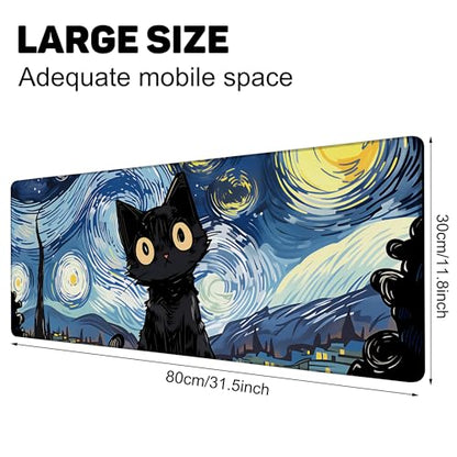 Black Cat Starry Night Gaming Mouse Pad with Stitched Edges Non-Slip Rubber Base Mouse Pad for Office,Computer,Keyboard,Laptop and Home Desk,31.5 x 11.8 Inch - color: Black Cat Starry Night, size: 11.8*31.5inch