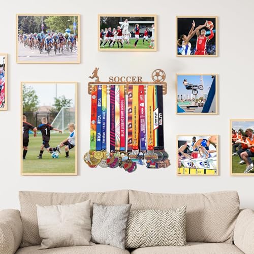 Resama Medal Hanger Holder Display Wall Rack Frame Shelf-Medal Hanger Awards Ribbon Soccer,Gymnastics,Holder Display Rack for 60 Medals - color: Soccer-Wooden